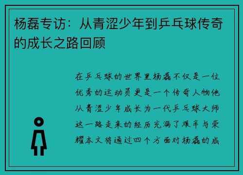 杨磊专访：从青涩少年到乒乓球传奇的成长之路回顾