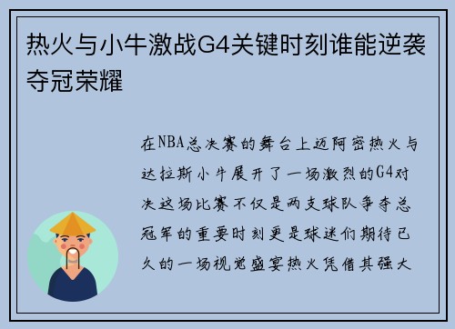 热火与小牛激战G4关键时刻谁能逆袭夺冠荣耀